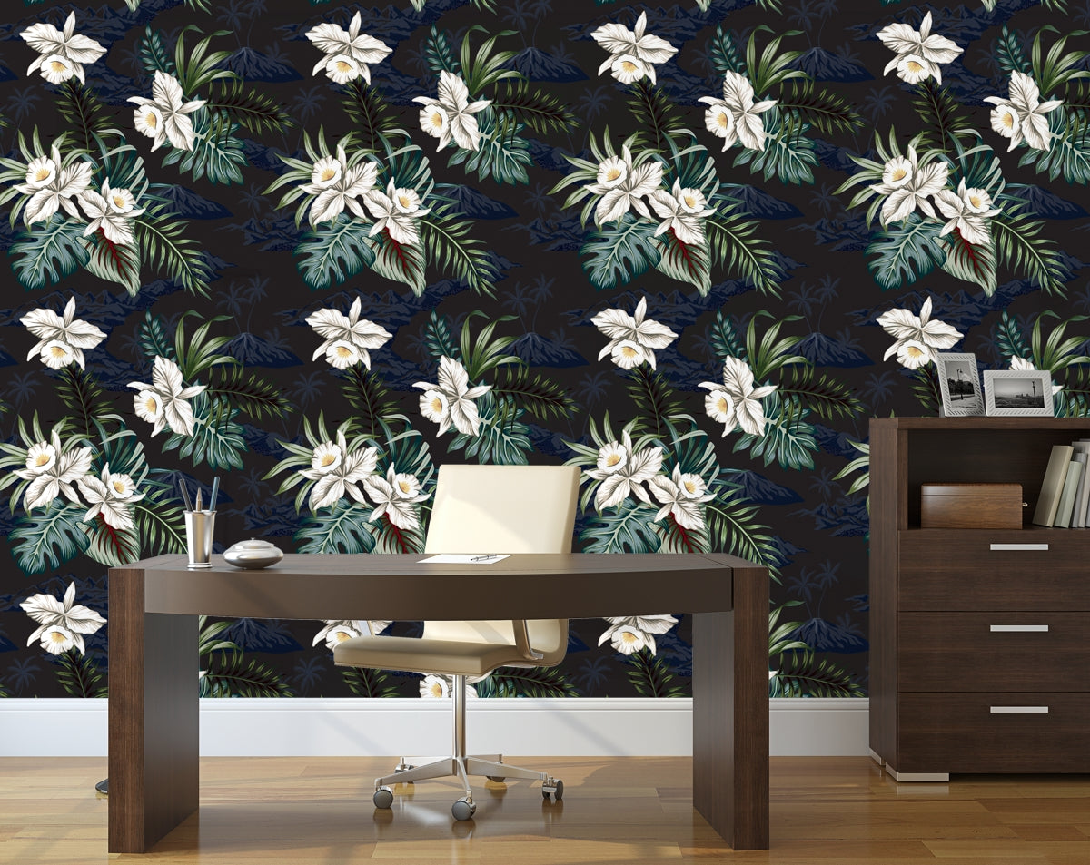 White Orchid Flower and Palm Leaves Floral Wallpaper
