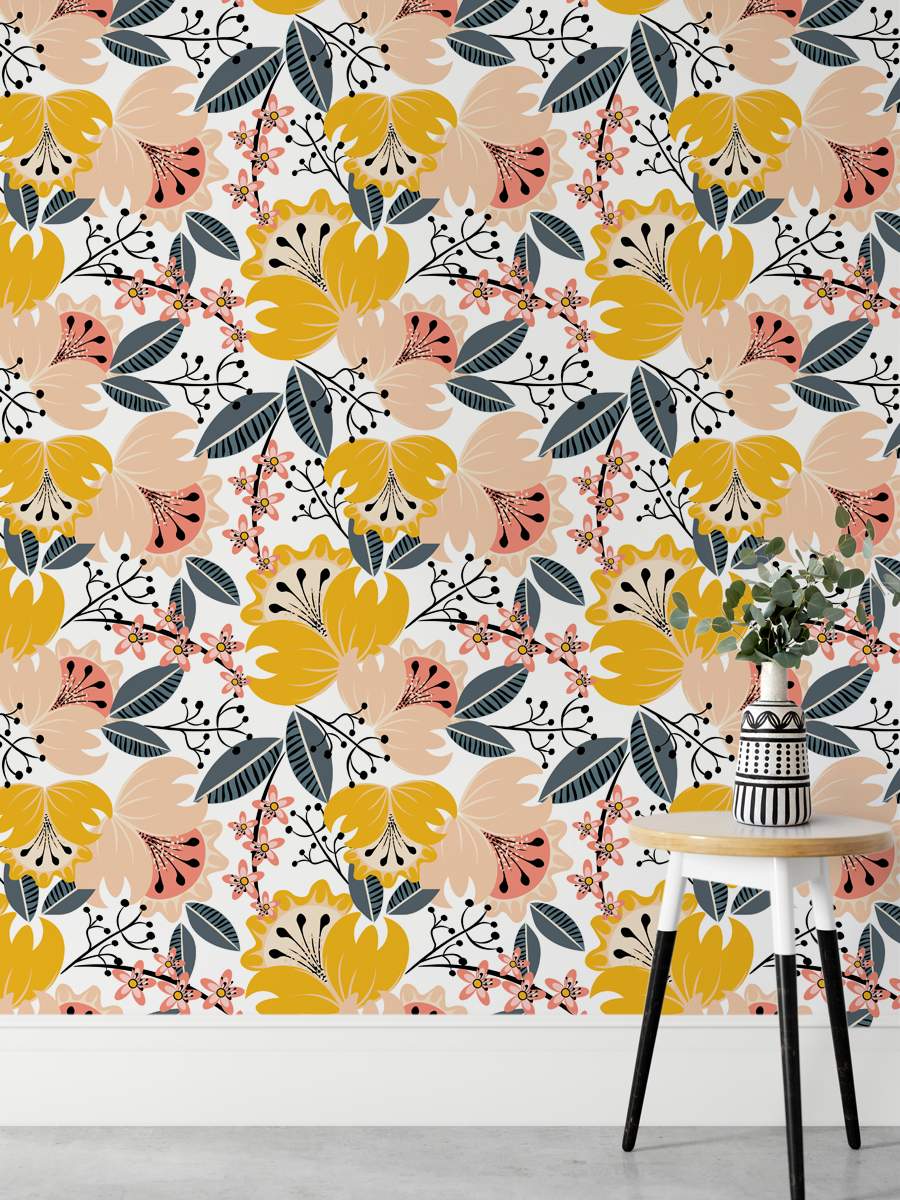 Yellow and Beige Color Flowers and Leaves Wallpaper Rolls