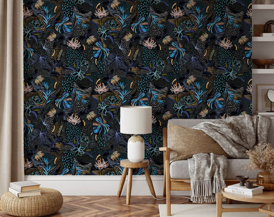 Abstract Botanical Tropical Palm Forest Wall Design Hand Drawn Flower Wallpaper