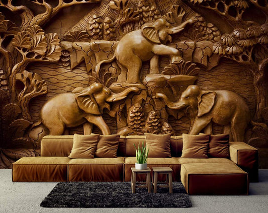 3D Soil Sculpture Playing Elephants Wall Mural Wallpaper