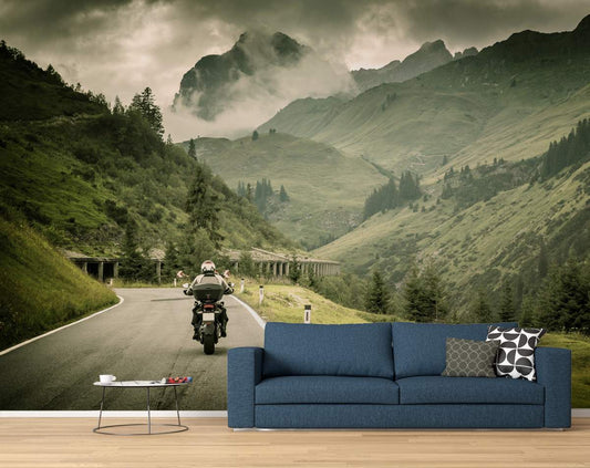 Foggy Mountain With Biker Wallpaper