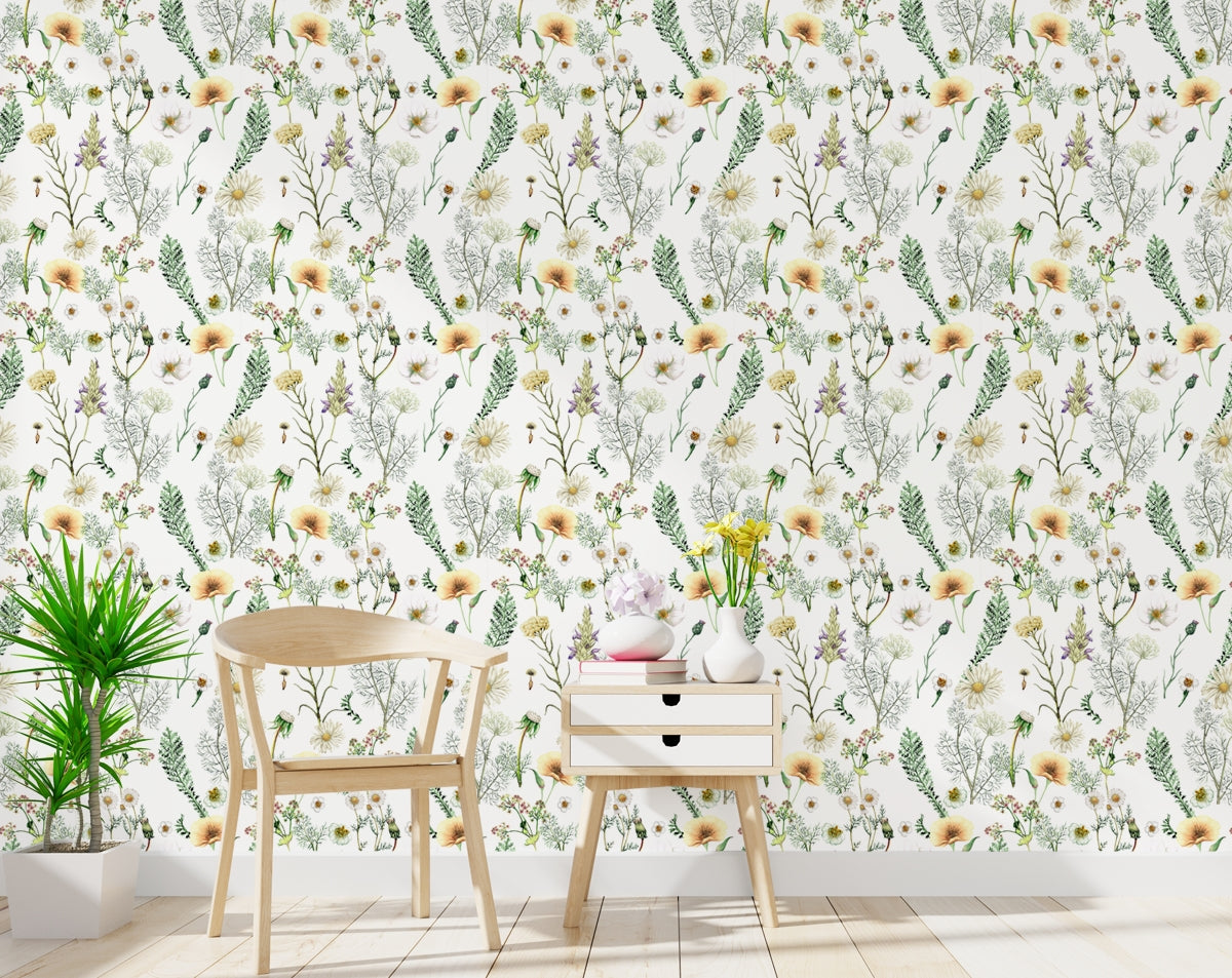 Hand Drawn Wild Flowers Botanical Wallpaper Wall Design
