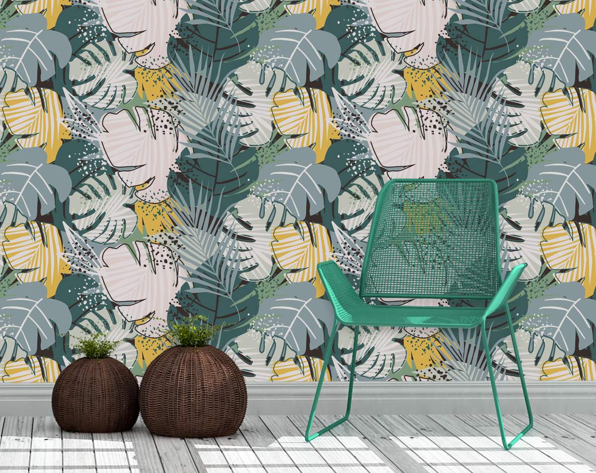 Yellow, Green And White Palm tree Leafs Wallpaper Rolls