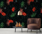 Red Flowers Decorative Tropical Palm Leaves Design Wallpaper