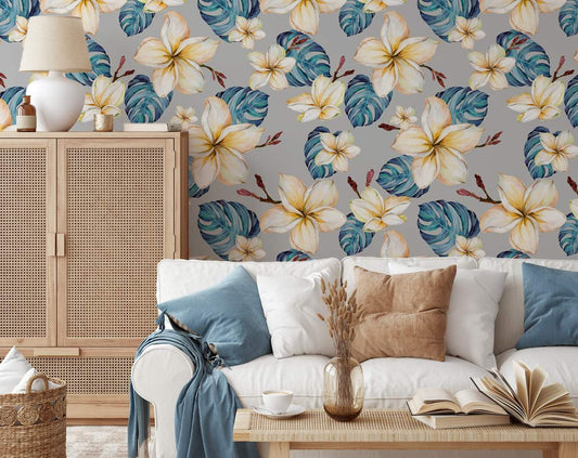 Hand Painted Watercolour White and Yellow Flowers Wallpaper Rolls