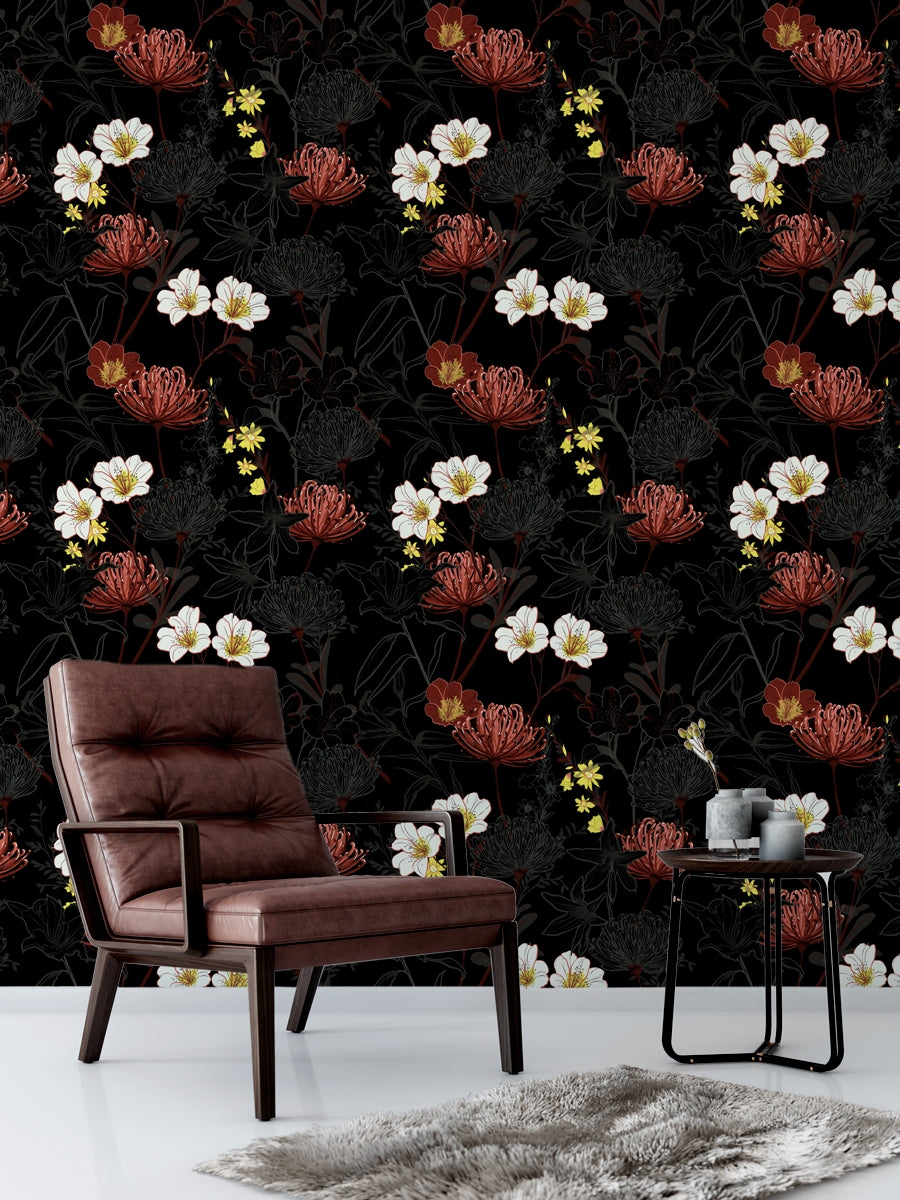 Dark Botanical Blooming garden Wallpaper