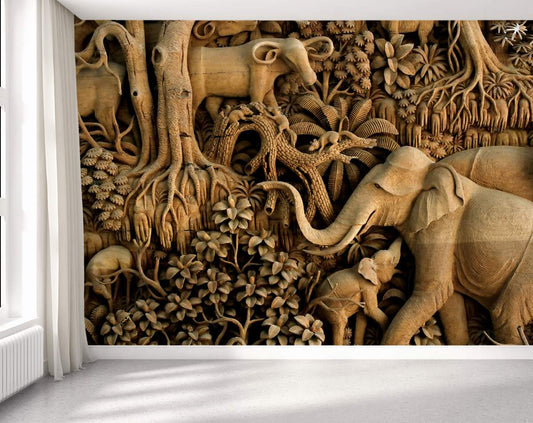 Living Room - Wooden Art wallpaper, Jungle Animals 3D Wall Mural