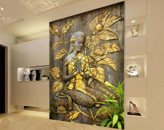 Golden Flowers And Woman Sitting 3D Wall Mural