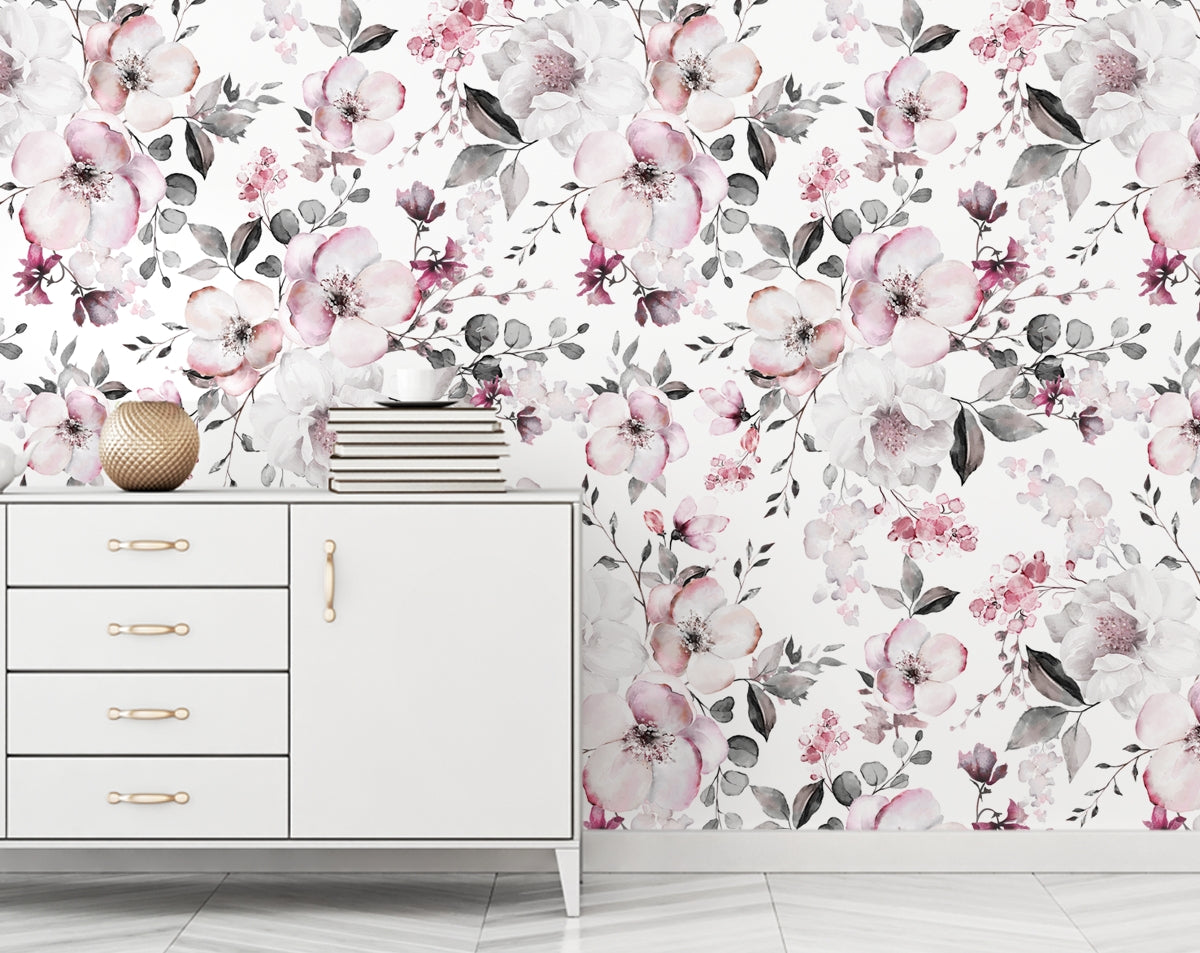 Watercolour Pink Flowers And Leaves Wallpaper For Living Room – Home ...