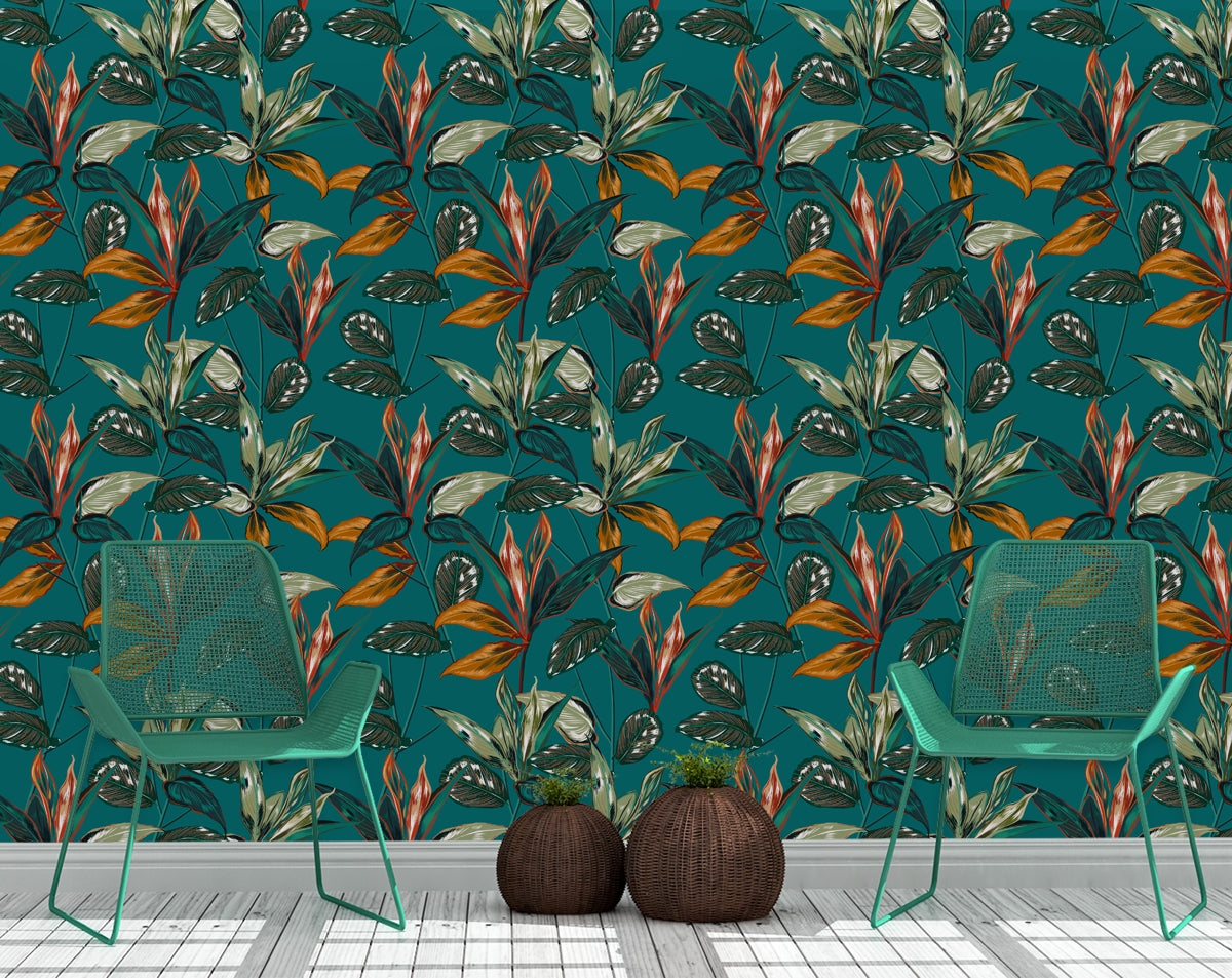 Tropical Plants Over A Teal Background Wallpaper