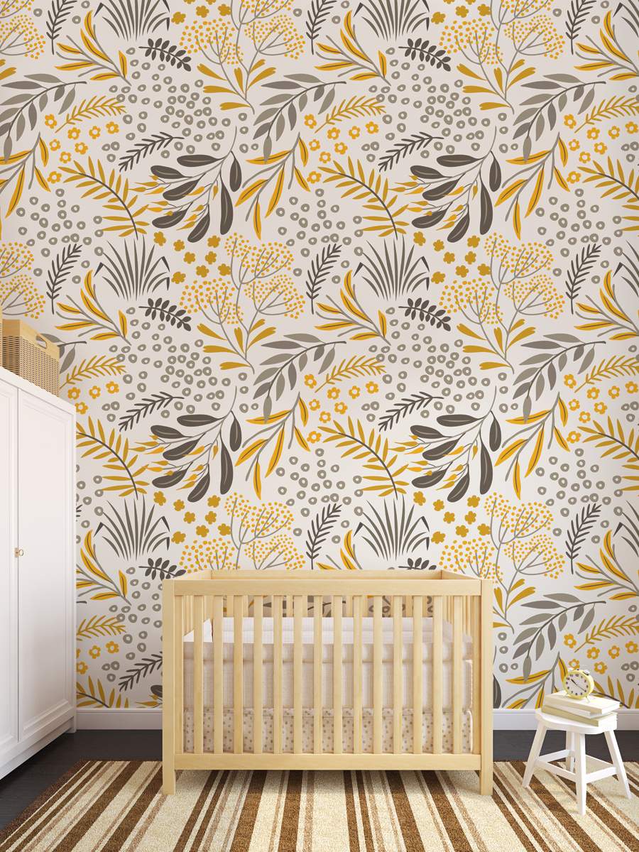 Botanical Artistic Yellow and Grey Floral Wallpaper Roll