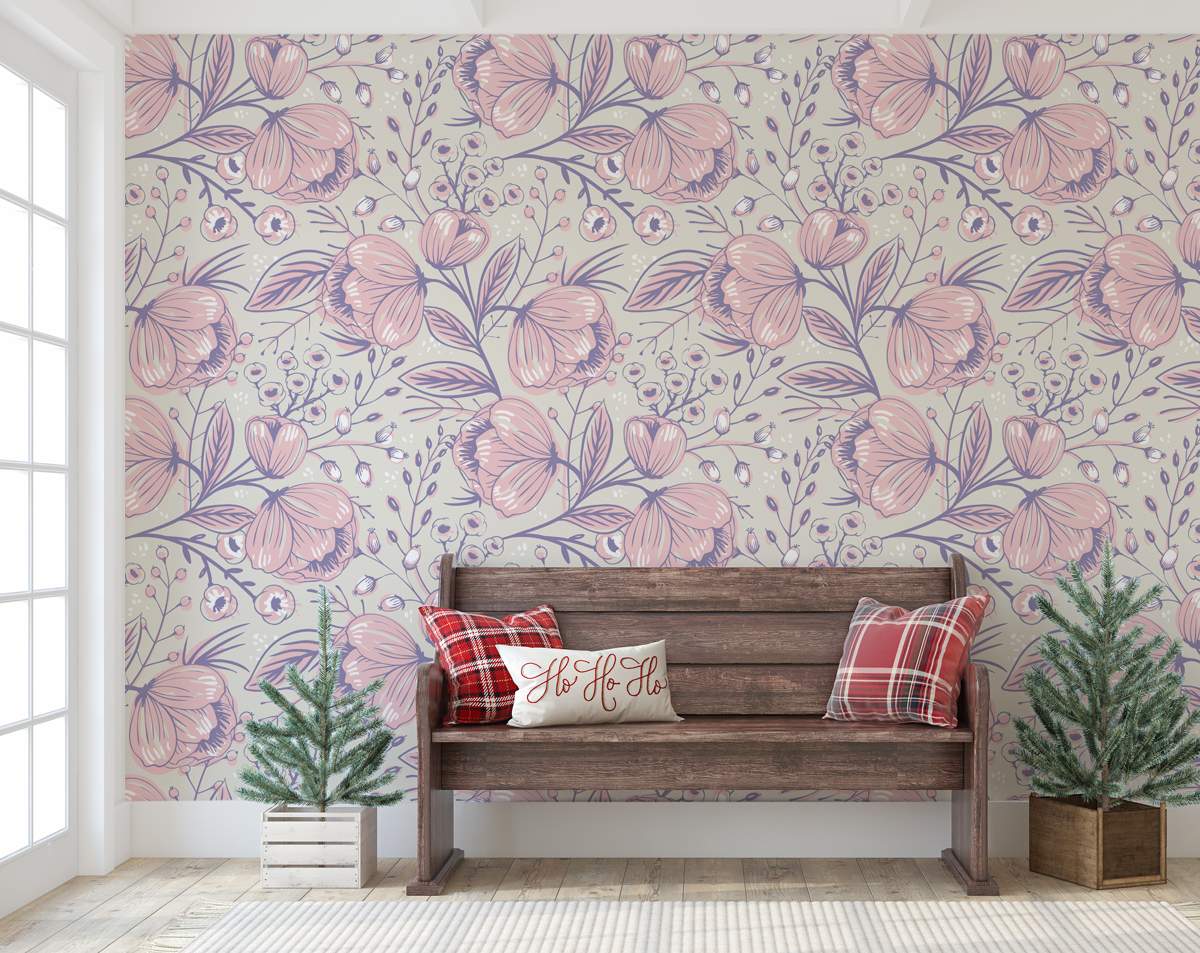Hand Drawn Roses and Berries Wallpaper Roll