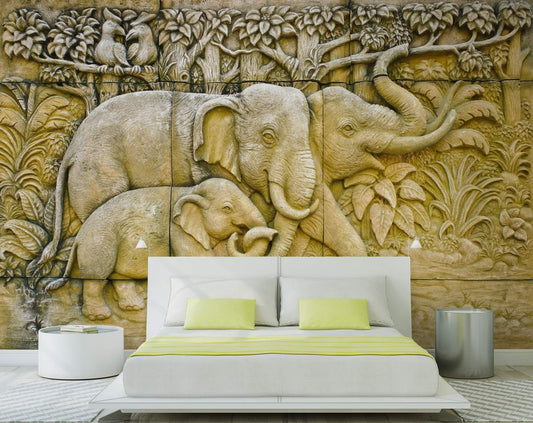 Bedroom - 3D Gold Elephant Family Wall Mural Wallpaper