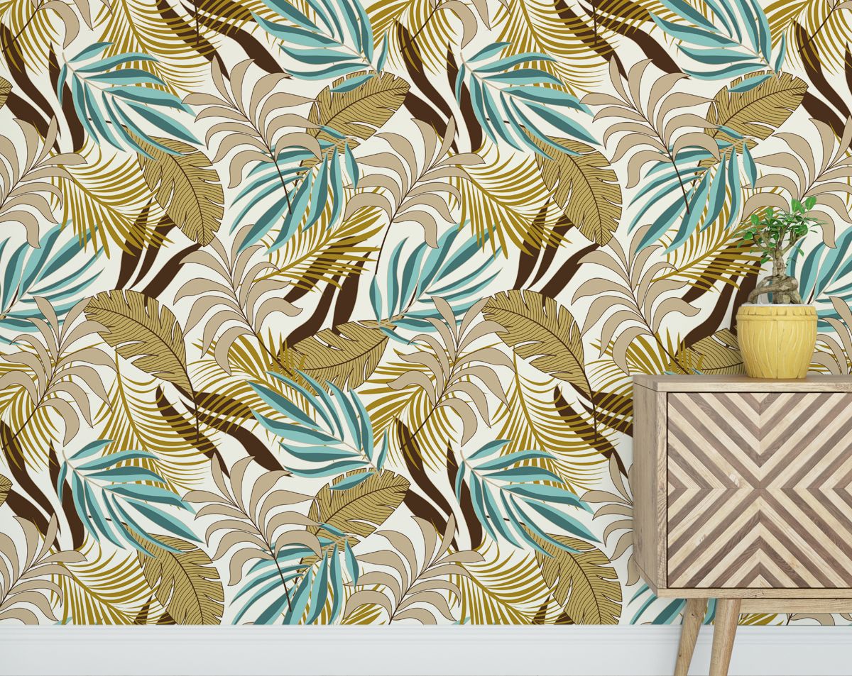 Light Yellow Wallpaper With Exotic Green Leaves, Tropical Wallpaper