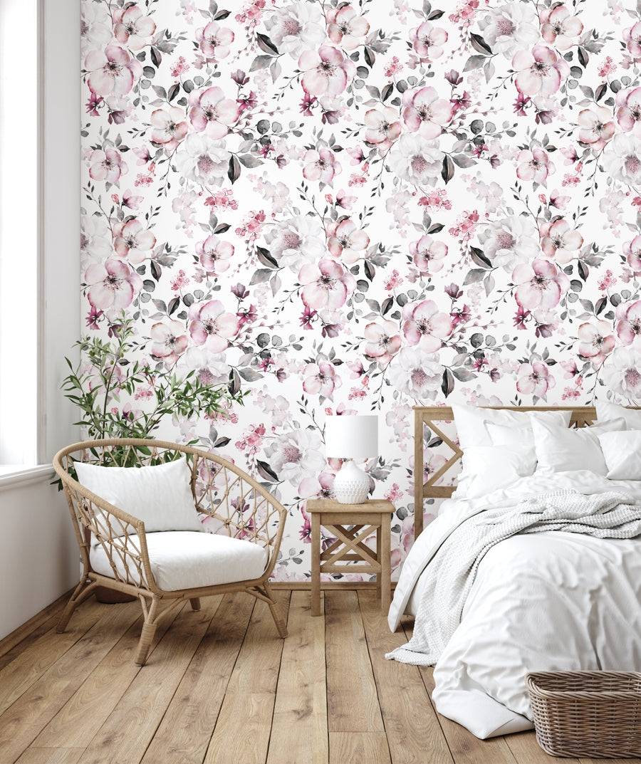 Watercolour Pink Flowers And Leaves Wallpaper For Living Room