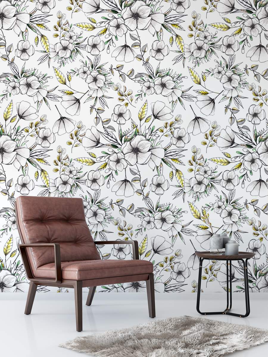 Beautiful Hand painted Flowers and colourful leaves Wallpaper Rolls