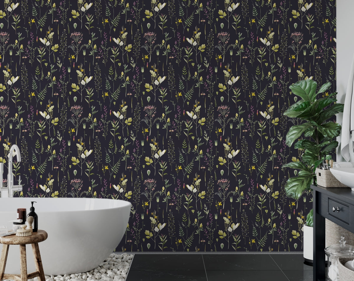 Wild flowers dark floral wallpaper