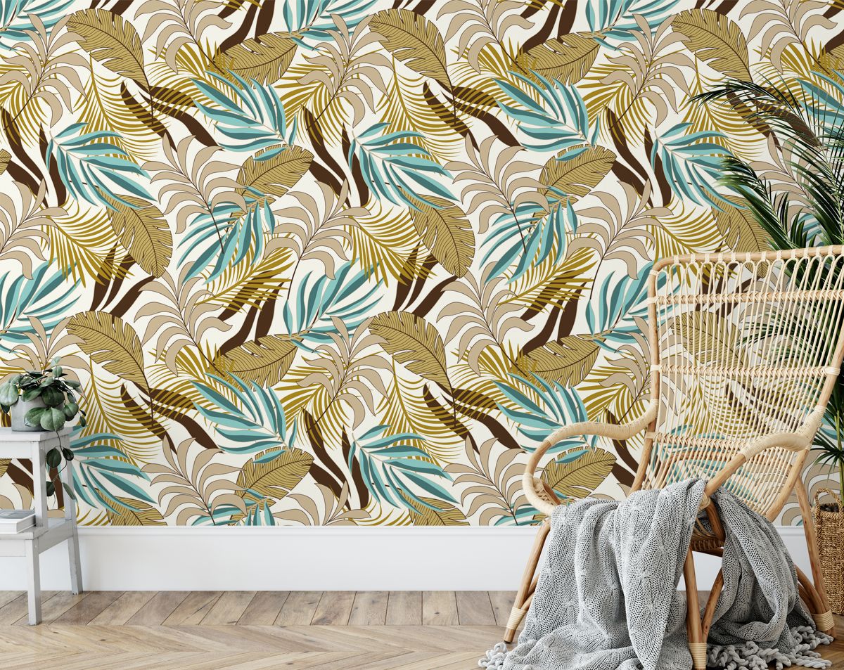 Light Yellow Wallpaper With Exotic Green Leaves, Tropical Wallpaper