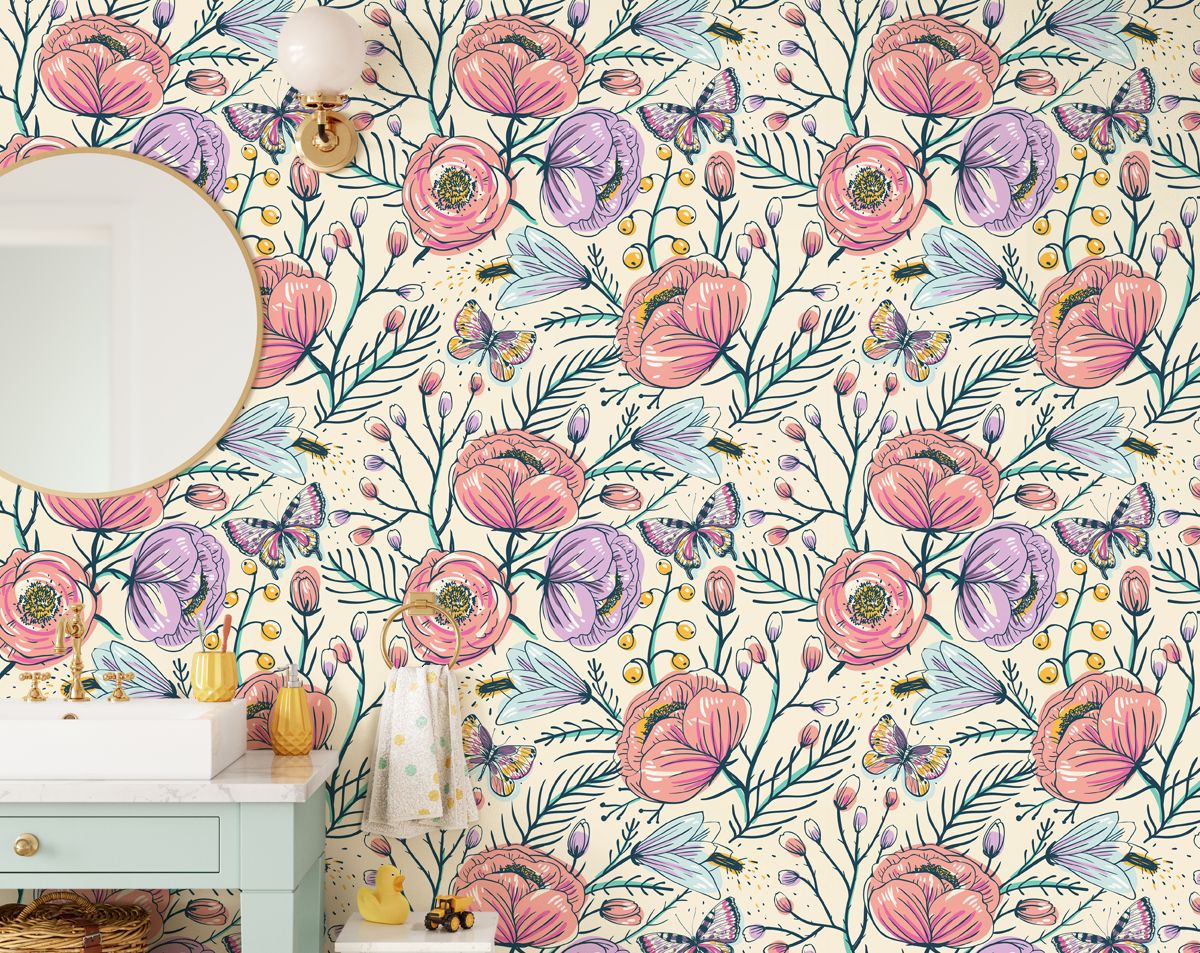 Colorful Floral & Butterflies Bedroom Wallpaper