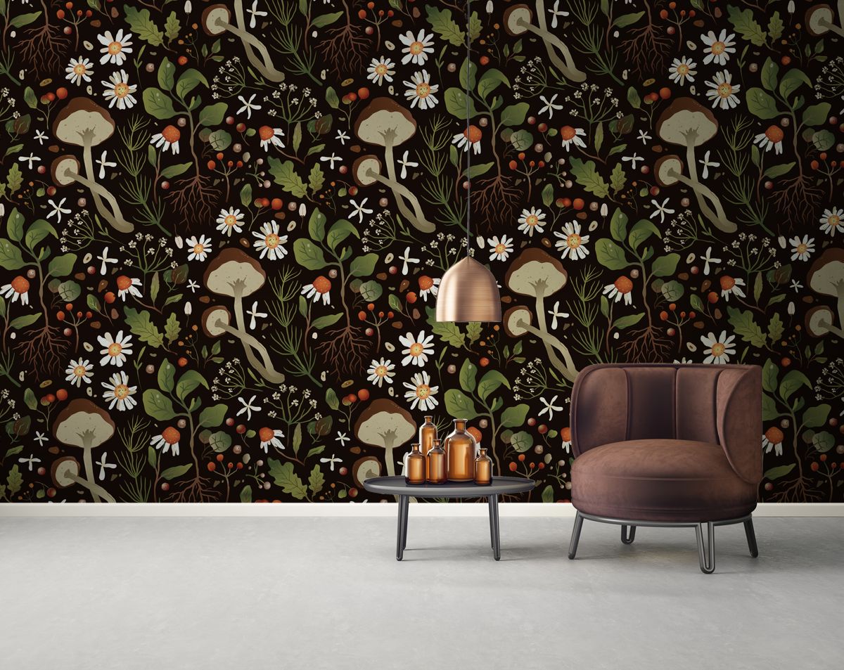 Mushroom Pattern Wall Decor, Dark Wallpaper