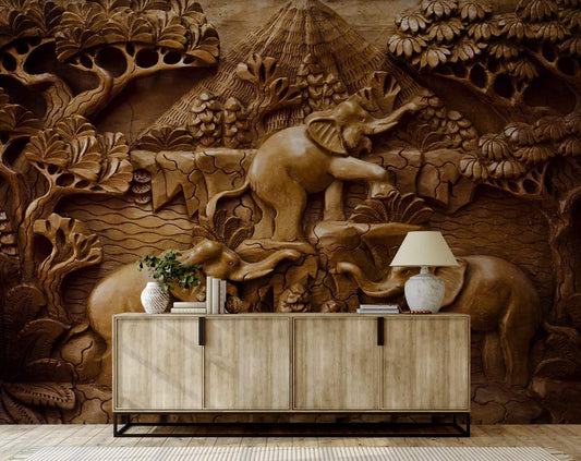 3D Soil Sculpture Playing Elephants Wall Mural Wallpaper