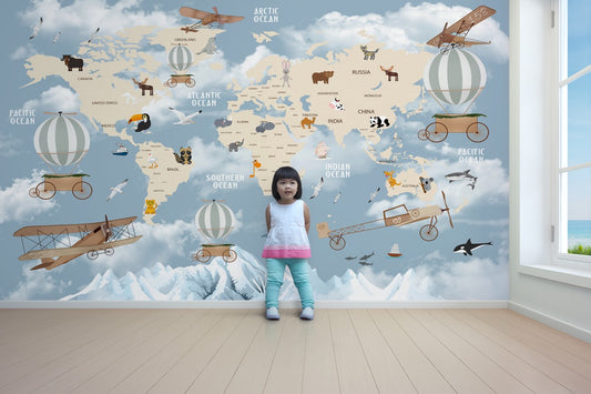 Amazing Animated Motifs of Aircraft, Fish and animals World Map wallpaper