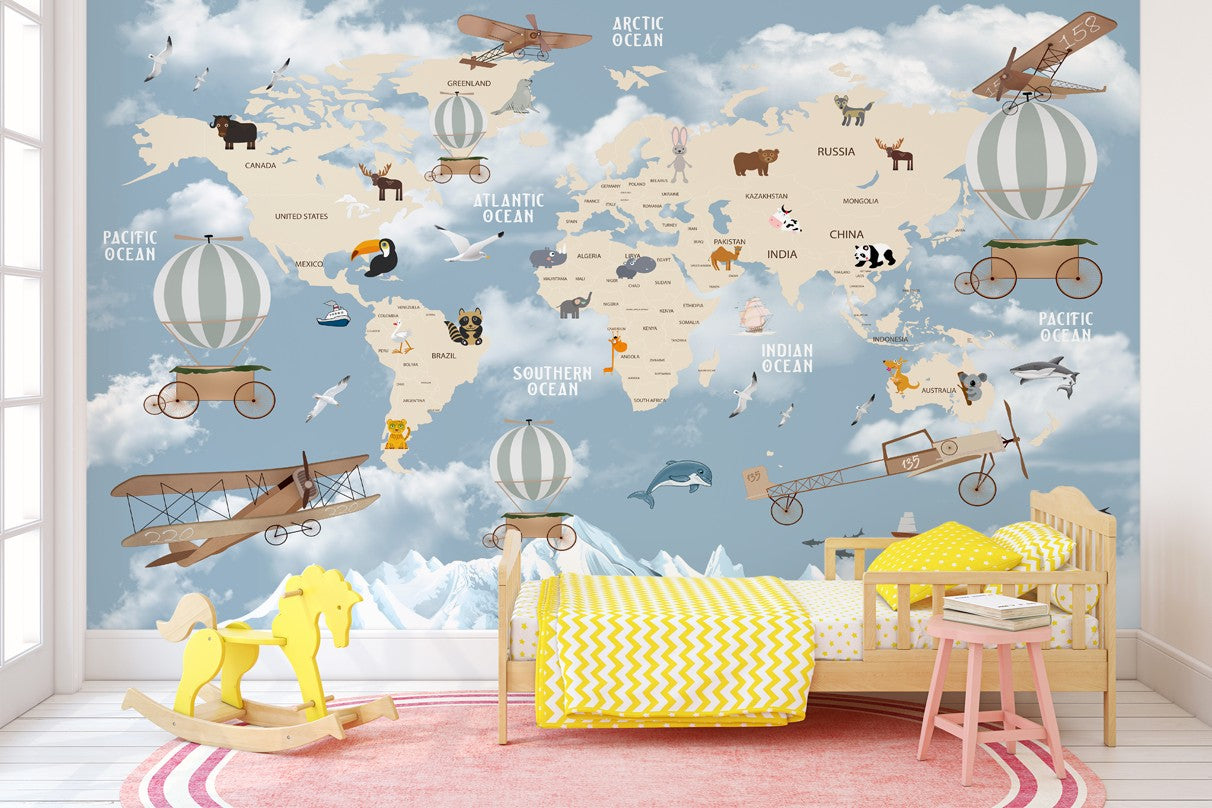 Amazing Animated Motifs of Aircraft, Fish and animals World Map wallpaper