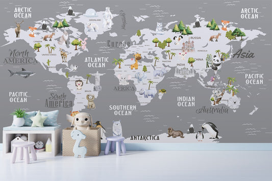 Educational World Map Kids Nursery Room Wallpaper