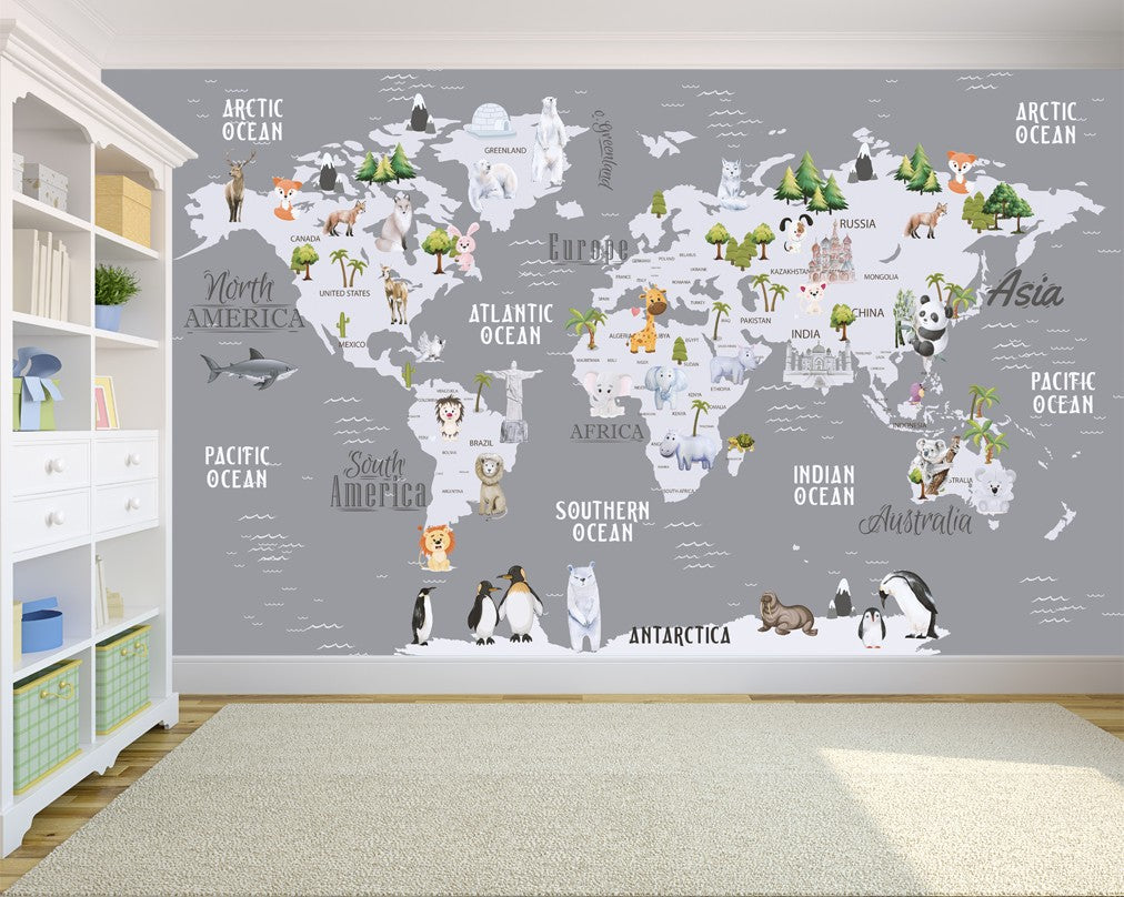 Educational World Map Kids Nursery Room Wallpaper – Home Decoram
