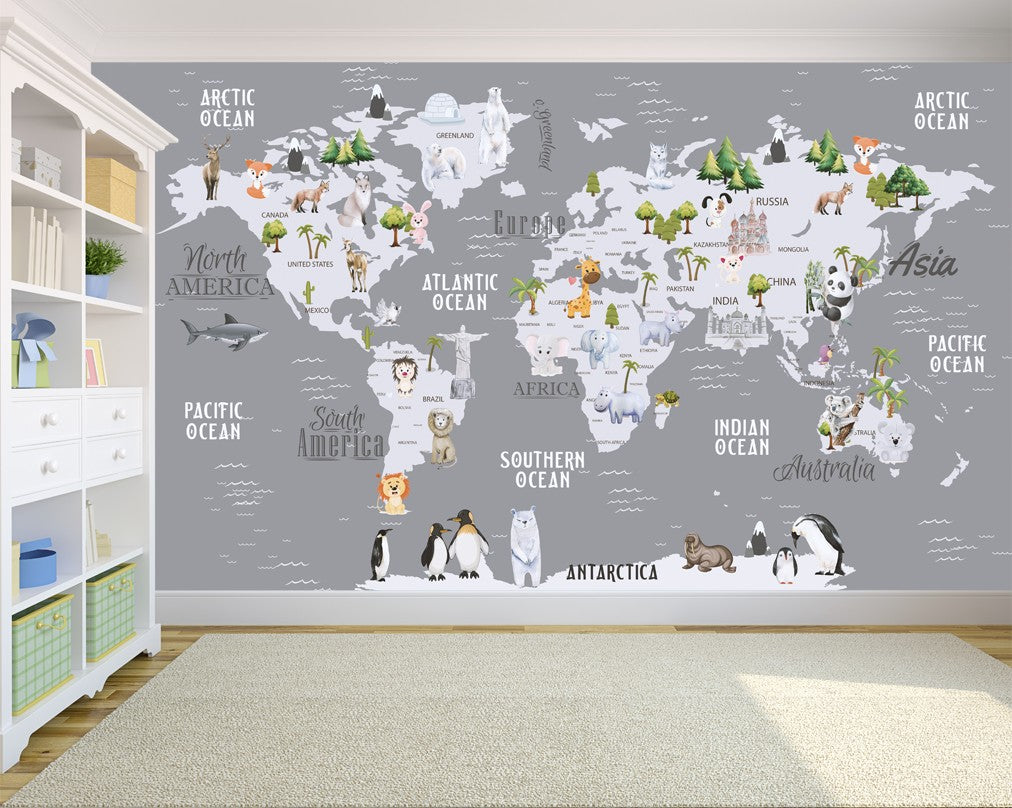 Educational World Map Kids Nursery Room Wallpaper