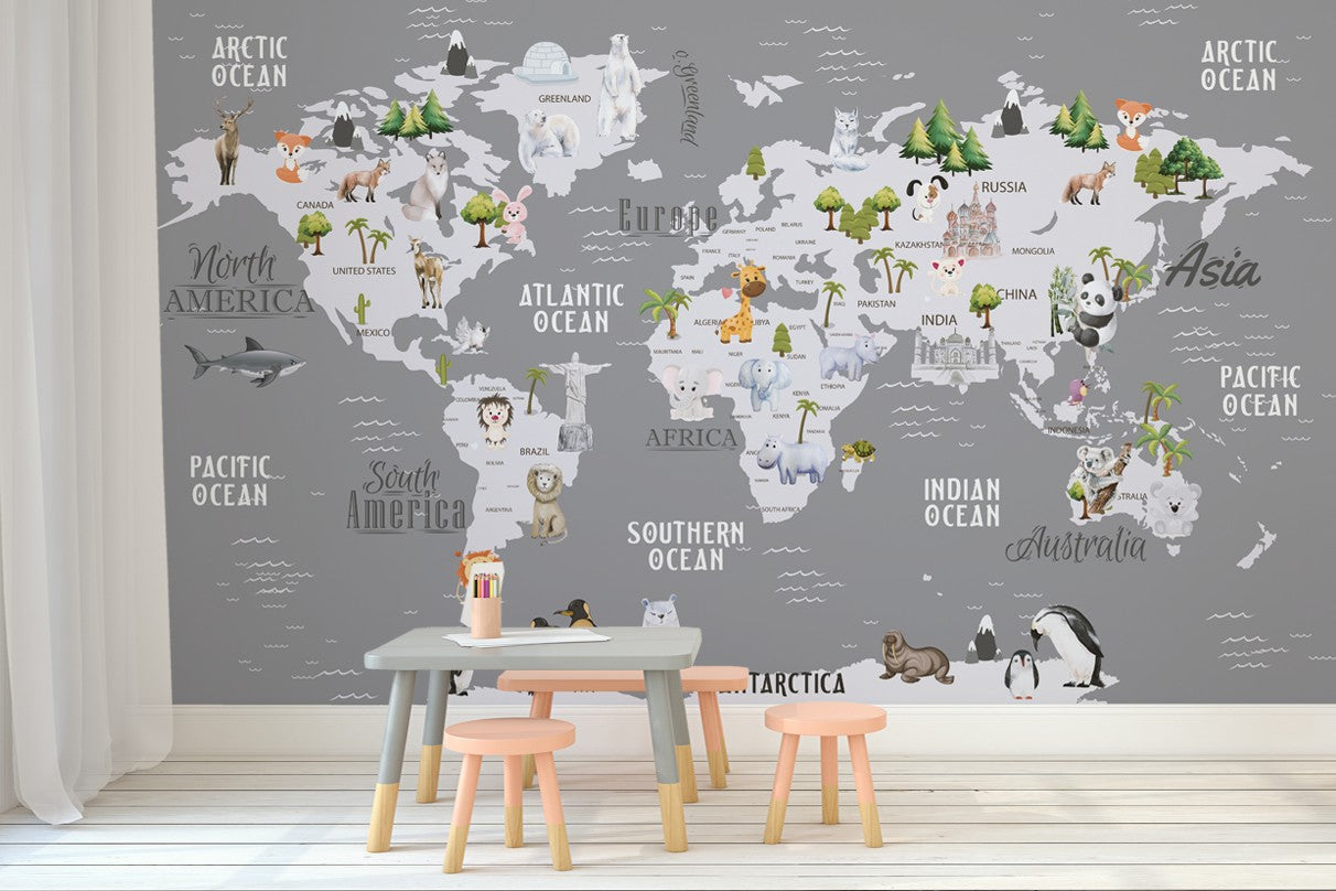 Educational World Map Kids Nursery Room Wallpaper