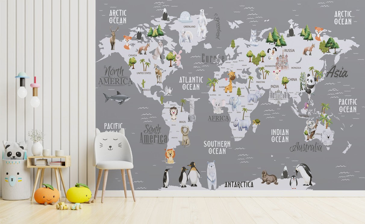 Educational World Map Kids Nursery Room Wallpaper – Home Decoram