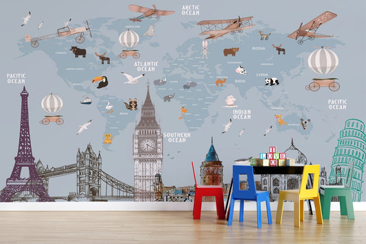 World's Famous Architectural Structures and Building with World Map Wallpaper