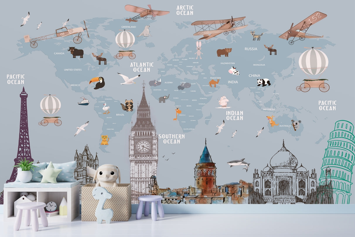 World's Famous Architectural Structures and Building with World Map Wa ...