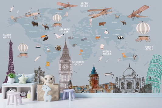 World's Famous Architectural Structures and Building with World Map Wallpaper