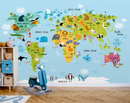 Children World Map Bright Colours Wallpaper
