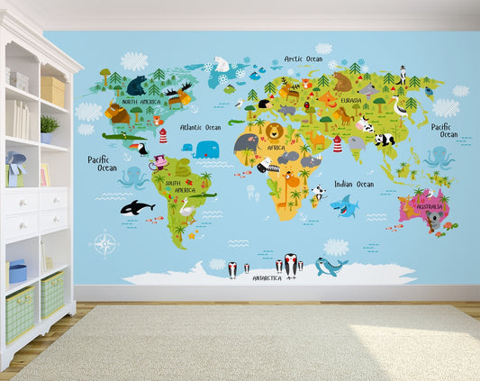 Children World Map Bright Colours Wallpaper