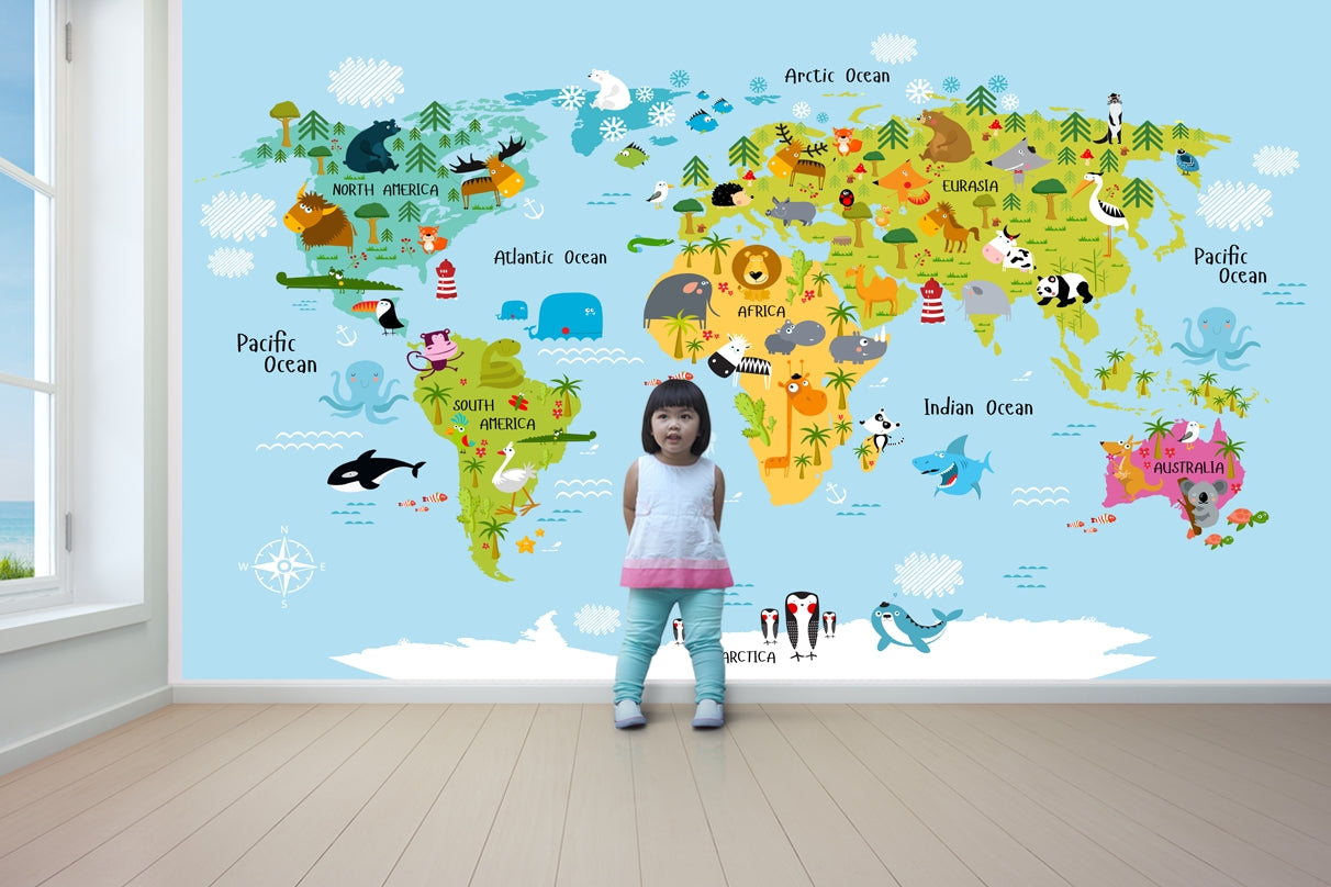 Children World Map Bright Colours Wallpaper