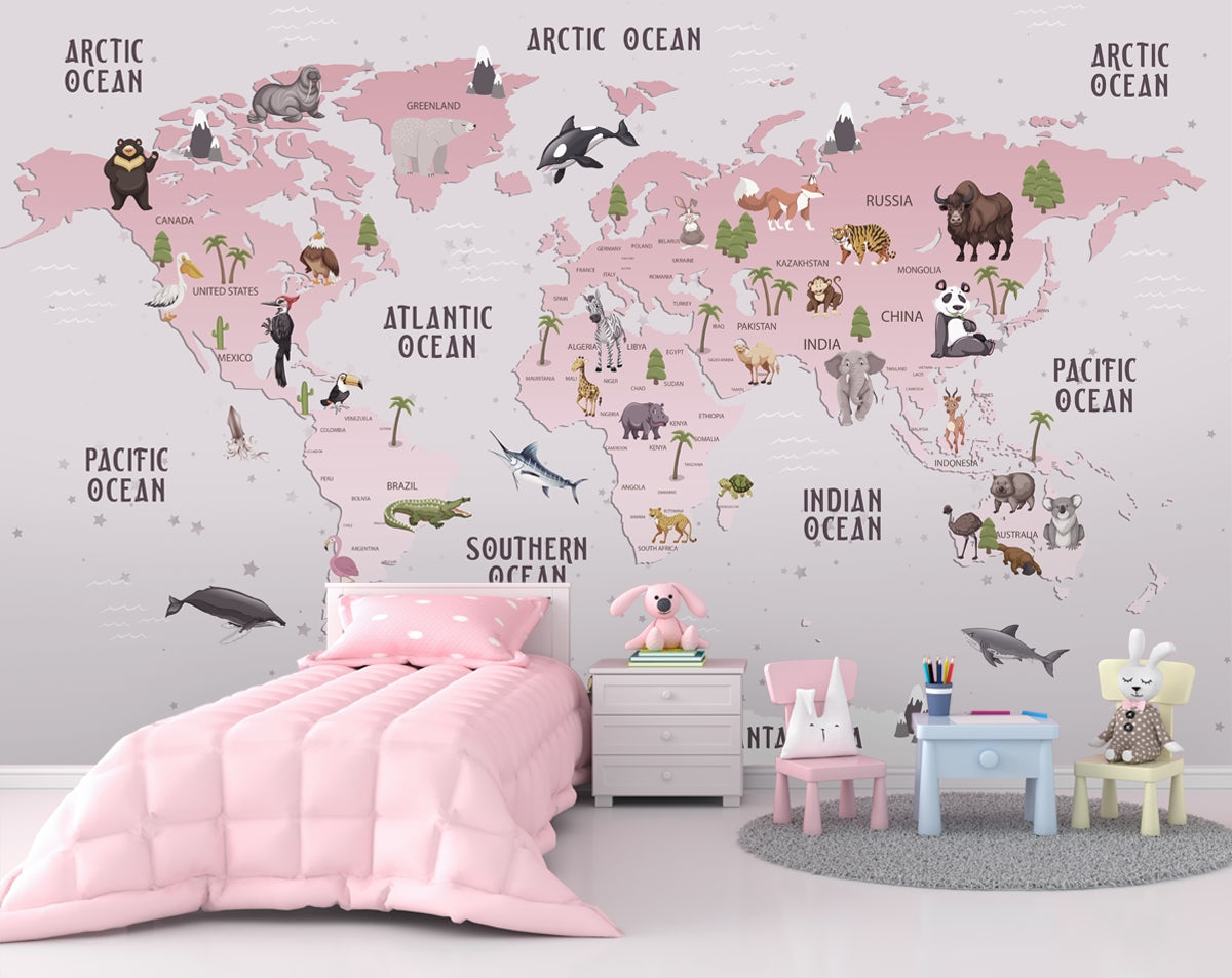 Pink Theme Animals Design World Map Wallpaper