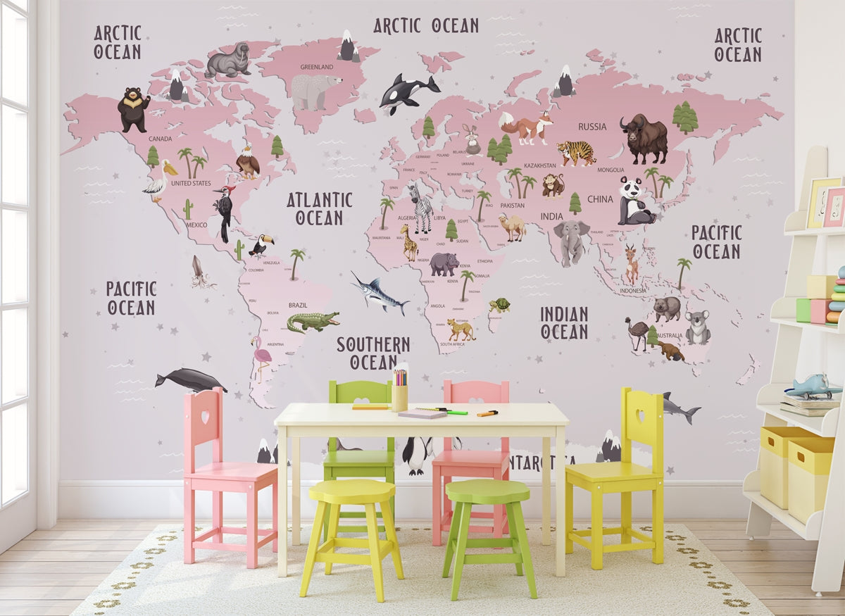 Pink Theme Animals Design World Map Wallpaper