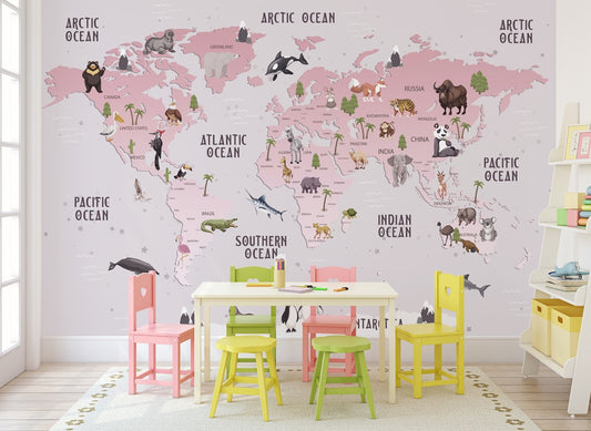 Pink Theme Animals Design World Map Wallpaper
