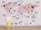 Pink Theme Animals Design World Map Wallpaper