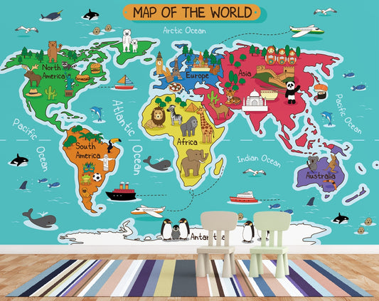 Ocean Ships Fishes Airplane Dolphins Penguins Home World Map Wallpaper