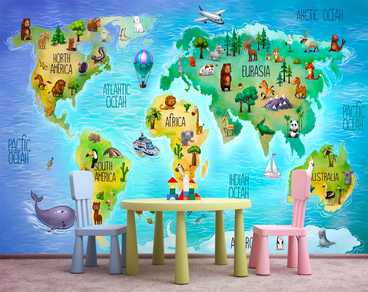 Children World Map Bright Colours Wallpaper