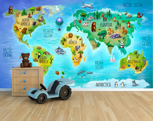 Children World Map Bright Colours Wallpaper
