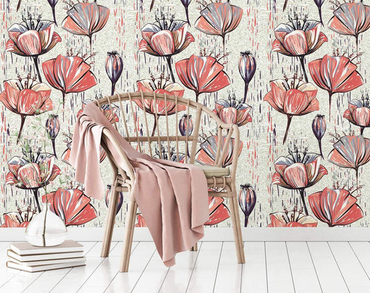 Red Flower Tulip Colourful pattern Wallpaper Rolls