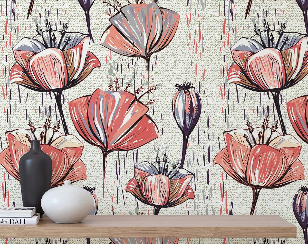 Red Flower Tulip Colourful pattern Wallpaper Rolls