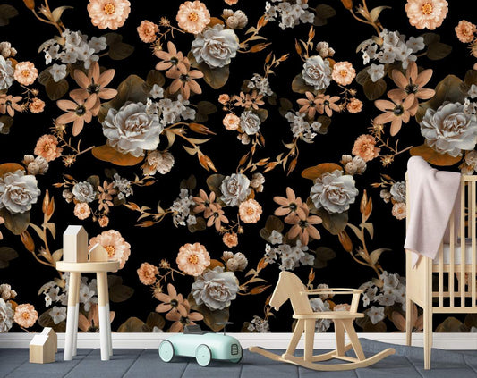 Dark Botanical Pink Rose Wallpaper Rolls for bedroom and living room