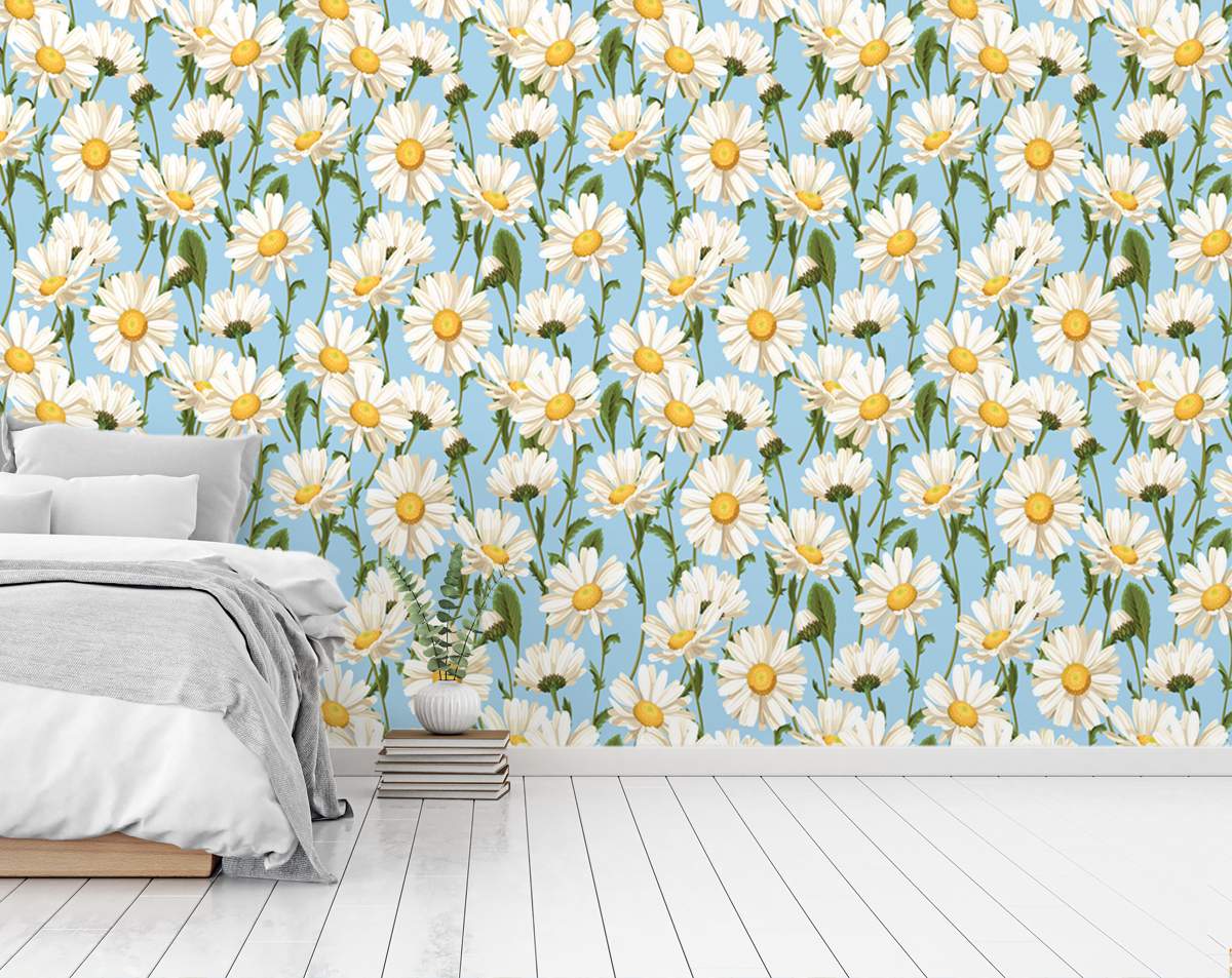 Blue Background White Flower Wallpaper Rolls