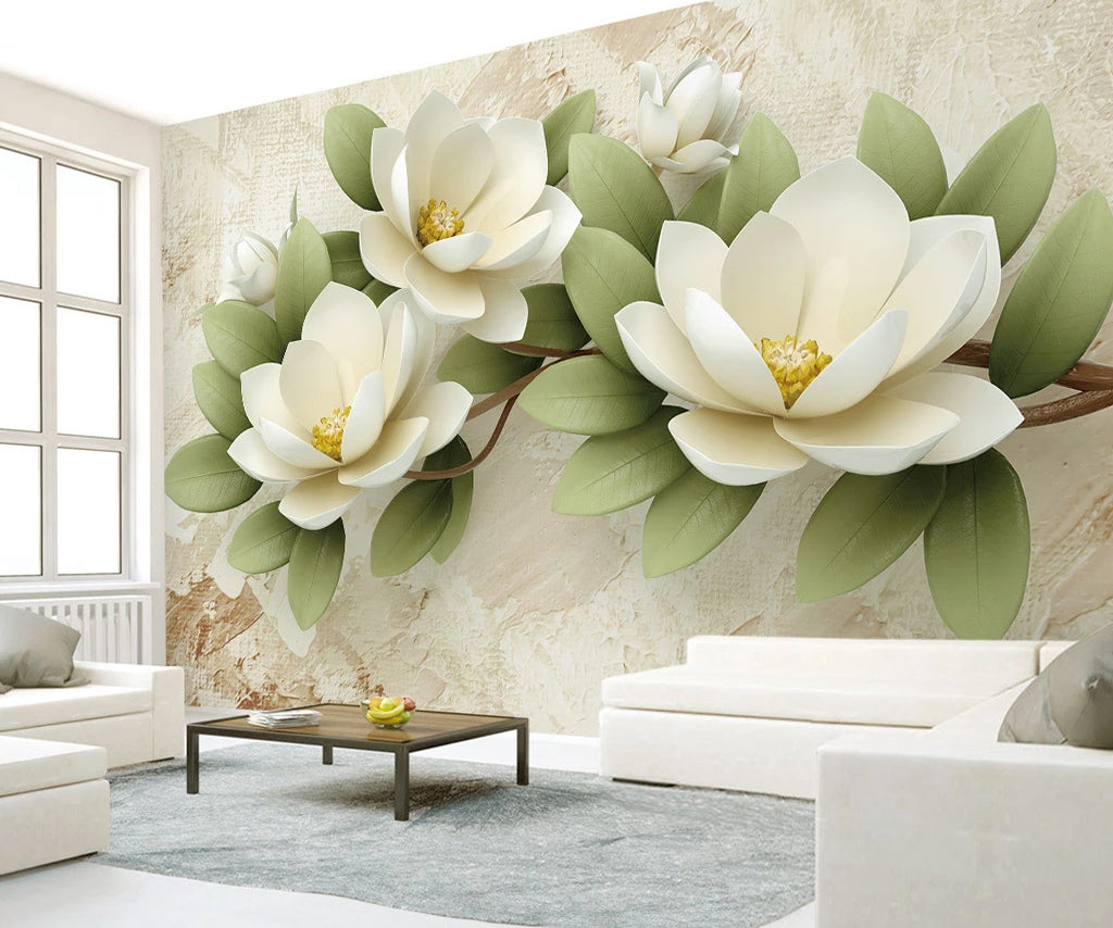 3D Magnolia Flowers Mural Wallpaper
